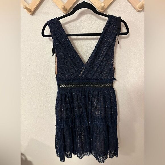 Self-Portrait V-Neck Metallic  Mesh Navy Dress - Picture 2 of 13